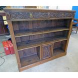 19TH CENTURY CARVED OAK OPEN BOOKCASE WITH 2 DRAWERS & PANEL DOOR,