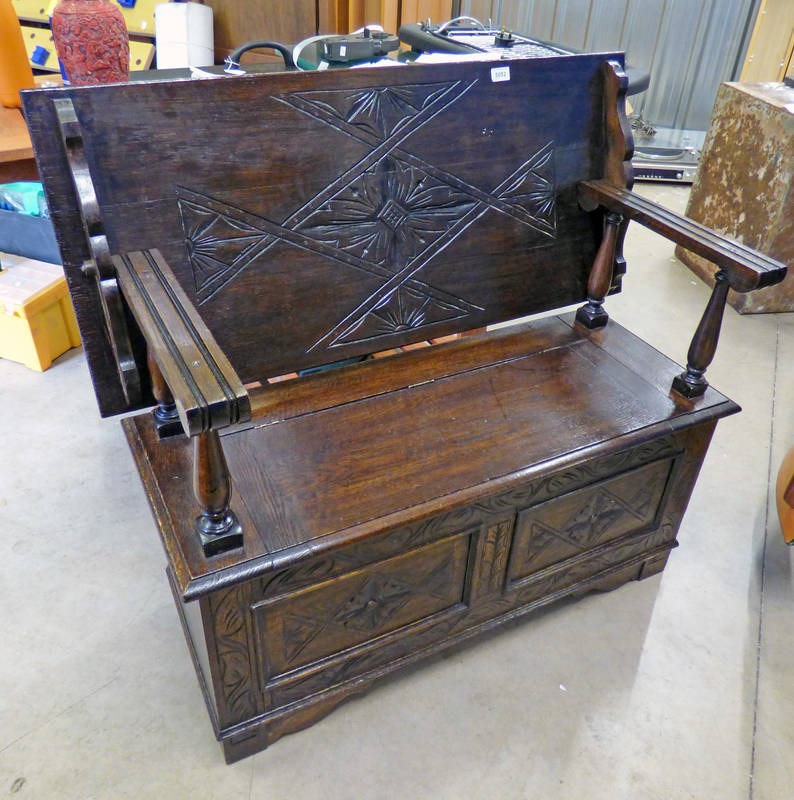 LATE 19TH CENTURY OAK MONK'S BENCH WITH DECORATIVE CARVING,