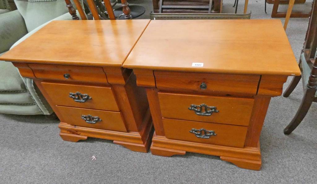 PAIR OF YEW WOOD BEDSIDE CHESTS OF 3 DRAWERS ON BRACKET SUPPORTS,