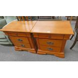 PAIR OF YEW WOOD BEDSIDE CHESTS OF 3 DRAWERS ON BRACKET SUPPORTS,