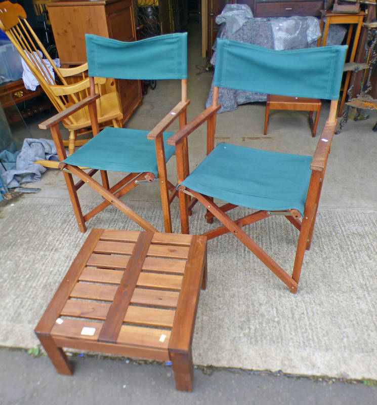 PAIR OF FOLDABLE WOODEN GARDEN ARMCHAIRS, HARDWOOD GARDEN COFFEE TABLE,