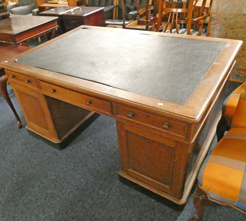 OAK TWIN PEDESTAL PARTNER'S DESK WITH LEATHER INSERT AND 3 FRIEZE DRAWERS OVER 6 DRAWERS WITH 3