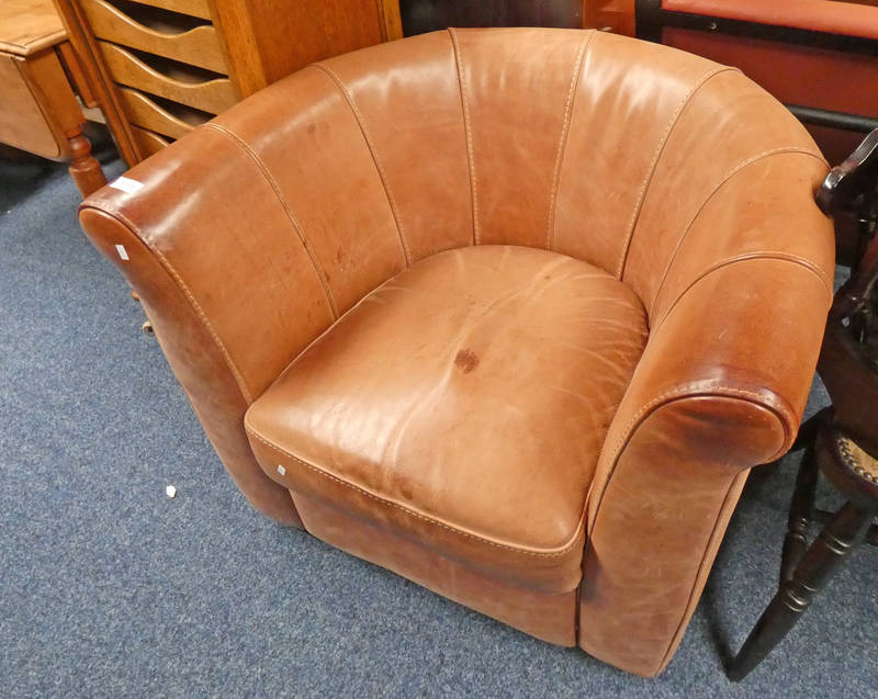 BROWN LEATHER TUB CHAIR