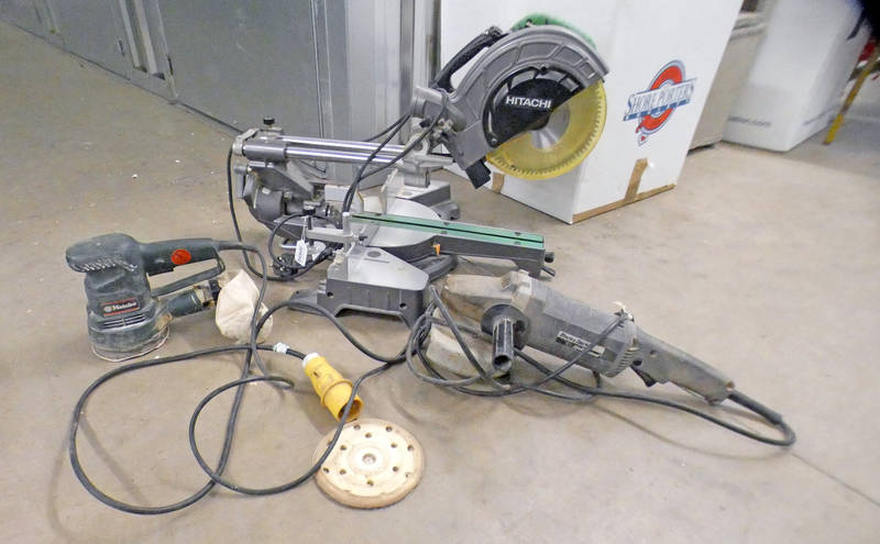 HITACHI SLIDE MITRE SAW, BLACK AND DECKER ANGLE GRINDER,