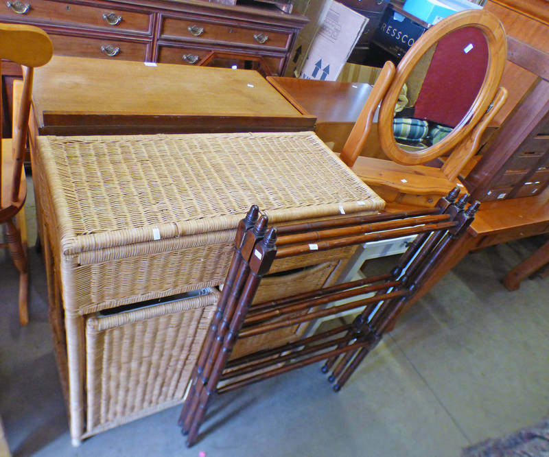 WICKER STORAGE UNIT WITH LIFT-UP TOP OVER LINEN BASKET & 3 DRAWERS, LENGTH 75CM,