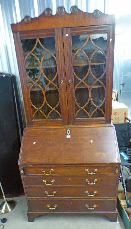 19TH CENTURY MAHOGANY BUREAU BOOKCASE WITH 2 GLAZED DOORS OVER FALL FRONT OVER 4 GRADUATED DRAWERS