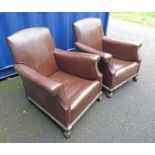 PAIR OF LATE 19TH CENTURY OVERSTUFFED BROWN LEATHER ARMCHAIRS ON CARVED OAK BASE WITH BALL & CLAW