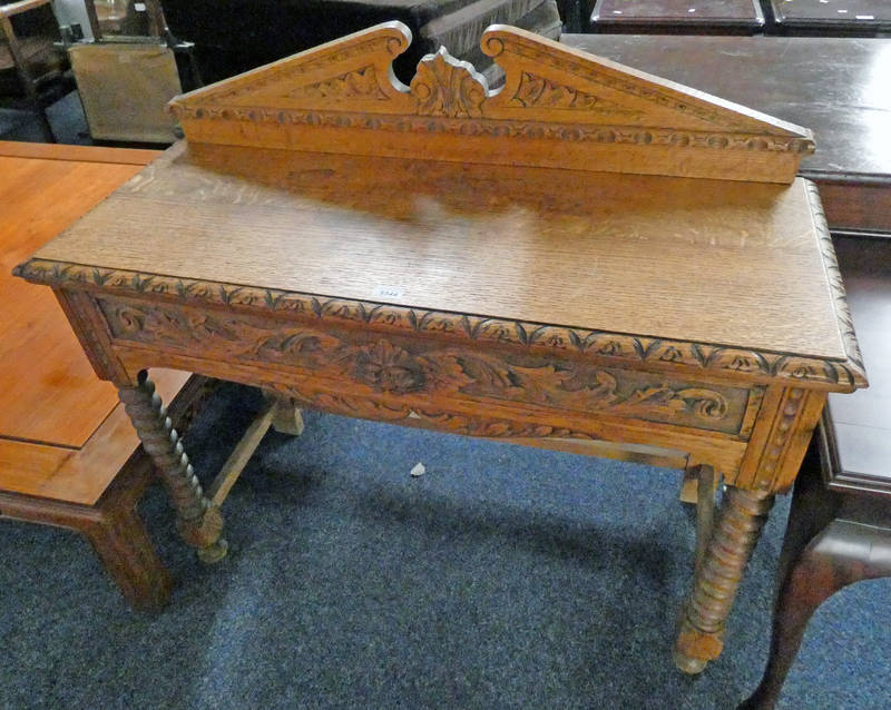 19TH CENTURY CARVED OAK SIDE TABLE WITH DRAWER & TURNED SUPPORTS - LENGTH 106 CM