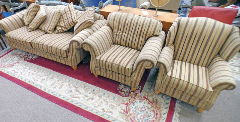 OVERSTUFFED 2 SEATER SETTEE ON TURNED SUPPORTS IN STRIPED PATTERN WIDTH 218CM AND 2 MATCHING