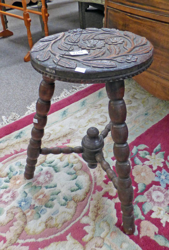 19TH CENTURY CARVED OAK STOOL ON TURNED SUPPORTS