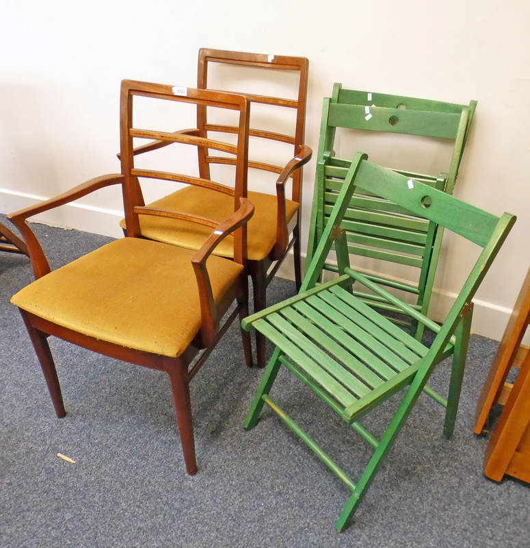 PAIR OF MAHOGANY ARMCHAIRS & 3 FOLDING CHAIRS