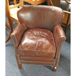 BROWN LEATHER TUB CHAIR ON SQUARE SUPPORTS Condition Report: Slight scuffing to rear.