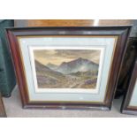 19TH CENTURY MAHOGANY FRAMED COLOURED ENGRAVING THE PEAKS OF ARRAN 42CM X 64CM