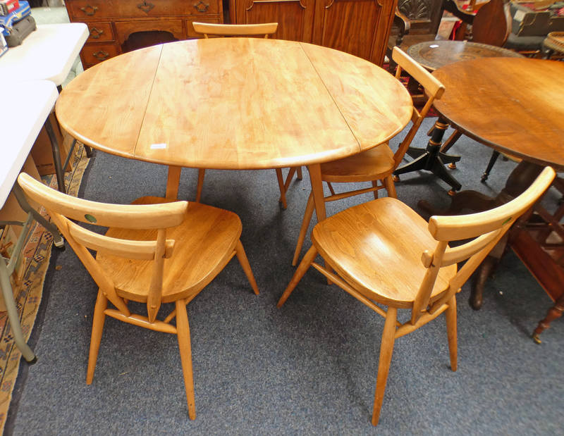 ERCOL BEECH BLOND DROPLEAF DINING TABLE & SET OF 4 ERCOL DINING CHAIRS Condition Report: