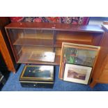 MAHOGANY GLASS FRONTED CABINET, LENGTH 122CM, METAL DEED BOX,