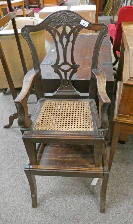 19TH CENTURY MAHOGANY CHILD'S ARMCHAIR ON STAND WITH BERGERE SEAT 103CM TALL