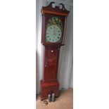 EARLY 20TH CENTURY INLAID MAHOGANY LONG CASE CLOCK WITH PAINTED DIAL OF BRITISH SOLDIERS.