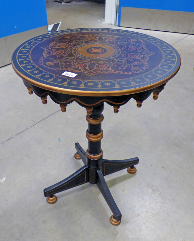 BLACK & GILT PAINTED OCCASIONAL PEDESTAL TABLE WITH DECORATIVE TOP,