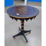 BLACK & GILT PAINTED OCCASIONAL PEDESTAL TABLE WITH DECORATIVE TOP,