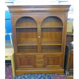 YEW WOOD BOOKCASE WITH SHELVED AREA OVER 3 DRAWERS WITH 2 PANEL DOORS,