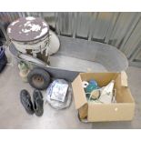 TIN BATH, 3 METAL WASTE BINS, BOX OF VARIOUS ITEMS INCLUDING MUGS, DVDS, IRON, WORK BOOT,