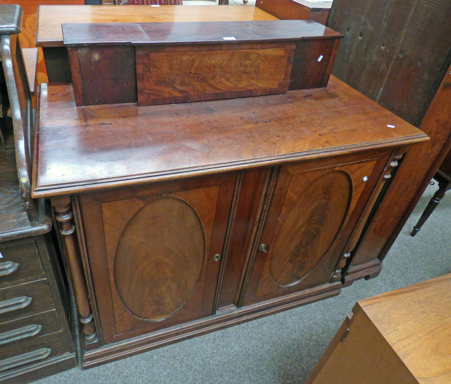 LATE 19TH CENTURY MAHOGANY CHIFFONIER WITH PANEL DOOR OVER BASE WITH 2 PANEL DOORS .