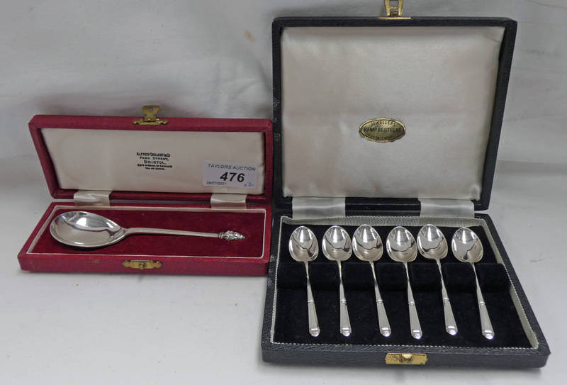 CASED SET OF 6 SILVER COFFEE SPOONS, SHEFFIELD 1961 & CASED SILVER SPOON WITH DECORATIVE TERMINAL,