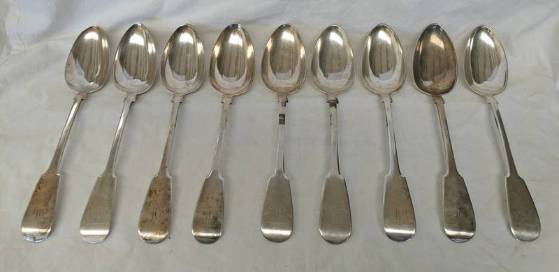 SET OF 9 GEORGE III SCOTTISH PROVINCIAL SILVER FIDDLE PATTERN TABLE SPOONS BY WILLIAM JAMIESON,