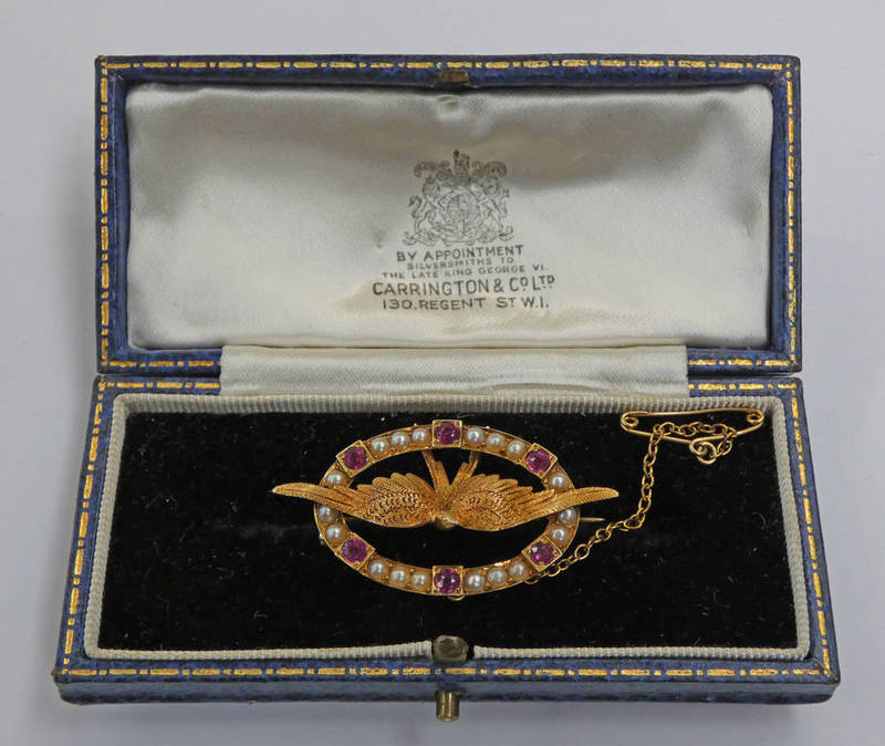 EARLY 20TH CENTURY 15CT GOLD PEARL & RUBY PHOENIX BROOCH IN A CARRINGTON & CO.
