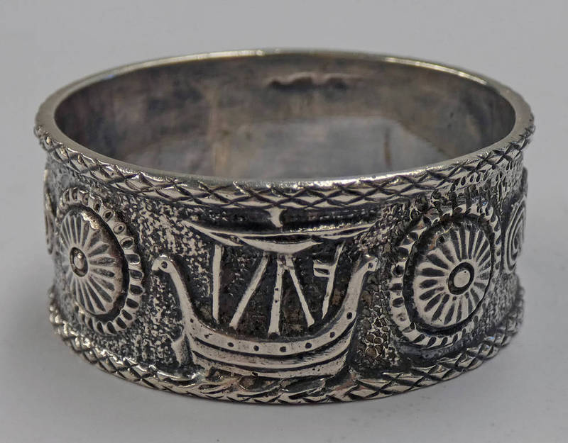 SCOTTISH SILVER NAPKIN RING DECORATED WITH VIKING LONGSHIP, DRAGON,