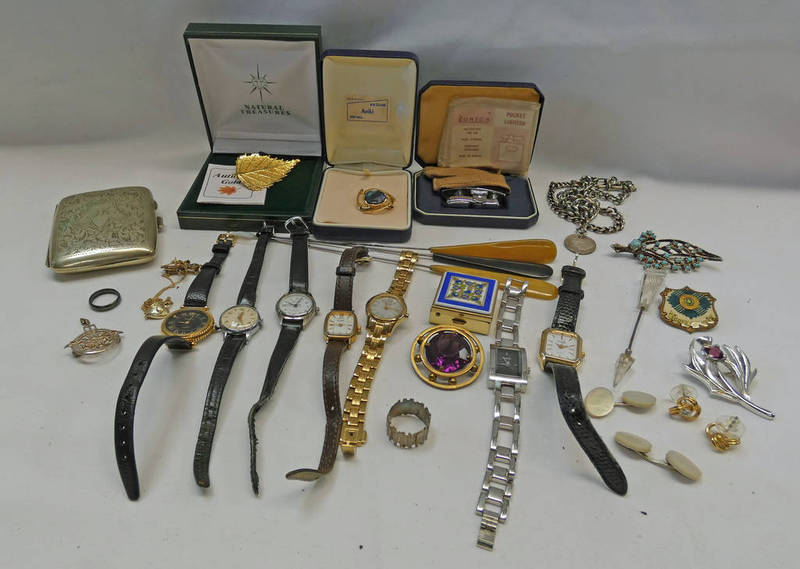 SELECTION OF VARIOUS WRISTWATCHES, RONSON POCKET LIGHTER, GOLD PLATED LEAF,