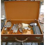 LEATHER SUITCASE WITH VARIOUS SILVER TOPPED AND OTHER JARS, SILVER BACKED BRUSHES,