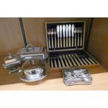 CASED SET OF 12 FISH KNIVES & FORKS, TEA CADDY, LIDDED TUREEN ETC SET OF 9 SILVER SPOONS,