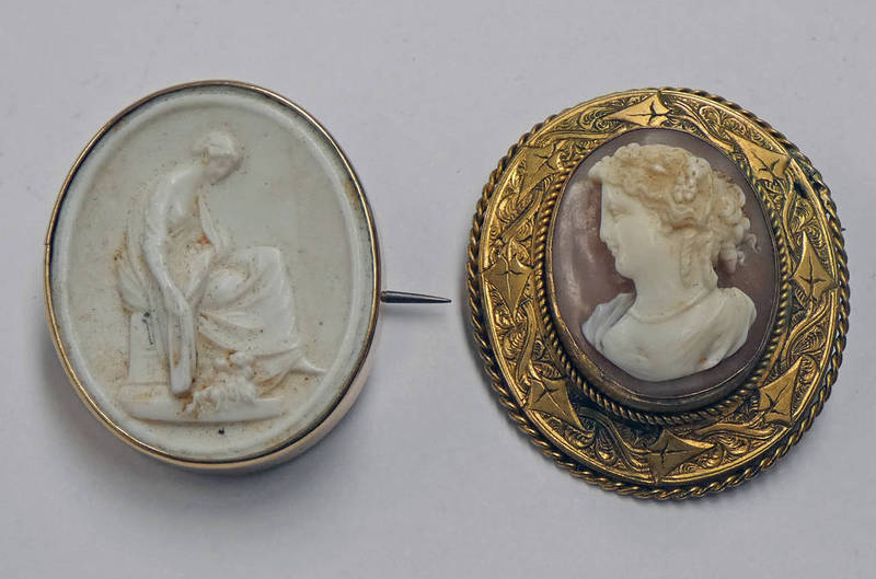 19TH CENTURY SHELL CAMEO BROOCH WITH ENGRAVED BORDER & WHITE PLASTER CAMEO BROOCH,