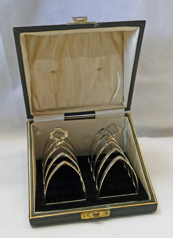 CASED PAIR OF SILVER 5-BAR TOASTRACKS,