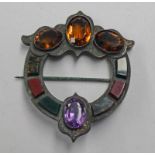 SCOTTISH SILVER AMETHYST CITRINE & AGATE PLAID BROOCH - 5CM WIDE