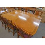 BRASS INLAID BURR WALNUT TWIN PEDESTAL DINING TABLE WITH 2 EXTRA LEAVES 305CM EXTENDED LENGTH