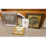 FRAMED PASTEL OF 3 APPLES AND OVAL FRAMED MIRROR, WALNUT FRAMED TAPESTRY,