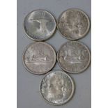 FIVE SILVER CANADA DOLLARS, WITH 2 X 1965, 2 X 1966,