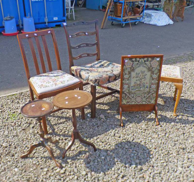 OAK DINING CHAIR ON SQUARE SUPPORTS & 1 OTHER, MAHOGANY FRAMED FIRE SCREEN,