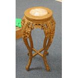ORIENTAL PAINTED CARVED HARDWOOD POTSTAND WITH MARBLE INSERT 72CM TALL