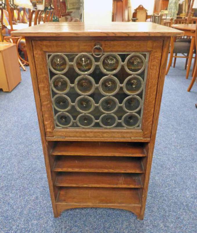 EARLY 20TH CENTURY OAK MUSIC CABINET WITH LEADED GLASS FALL FRONT OVER OPEN SHELVES 92CM TALL