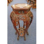 EASTERN HARDWOOD PLANT STAND WITH ORIENTAL CARVED DECORATION & MARBLE INSERT,