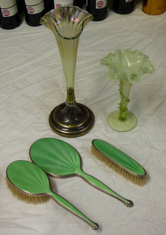 3 PIECE SILVER & GREEN ENAMEL DRESSING TABLE BRUSH & MIRROR SET, BIRMINGHAM 1934,