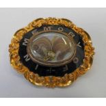 19TH CENTURY YELLOW METAL ENAMEL MOURNING BROOCH WITH CENTRAL HAIR & SEED PEARL PANEL WITH THE