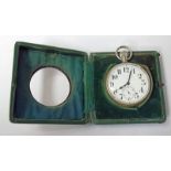 NICKEL PLATED GIANT POCKET WATCH WITH ENAMEL DIAL IN A SILVER TRAVEL WATCH HOLDER BY MAPPIN & WEBB