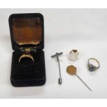 GEM SET RING MARKED 14K, 1 OTHER RING, & A TIE PIN,