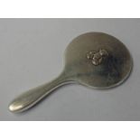 SILVER CHILDS HAND MIRROR, THE REVERSE DECORATED WITH TEDDY BEAR,