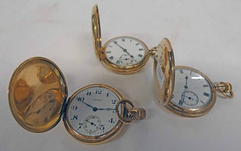 3 GOLD PLATED HUNTER POCKET WATCHES INCLUDING 1 BY WALTHAM & ANOTHER BY ELGIN Condition