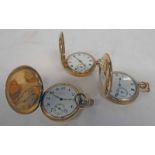 3 GOLD PLATED HUNTER POCKET WATCHES INCLUDING 1 BY WALTHAM & ANOTHER BY ELGIN Condition